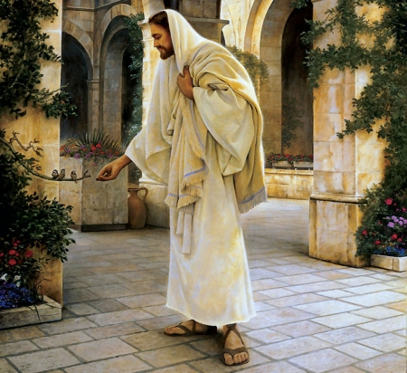 In His Constant Care - Jesus - painting, wide screen, jesus, art, people, beautiful, artwork, illustration