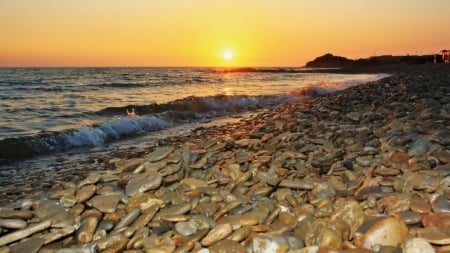 Beach Sunset - nature, ocean, beach, stones, sunset, sea, waves