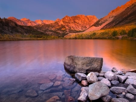 Sun Rays on the Hillside - stone, nature, lake, mountain, rocks