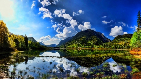 Summer Sunshine - clouds, nature, summer, moountain, sunshine, lake, reflection