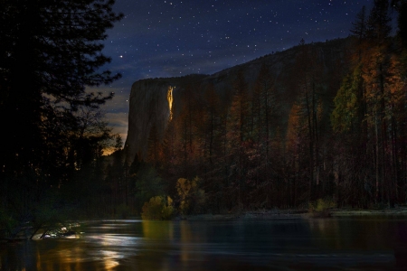 Firefall by Moonlight - nature, fun, lake, mountain, cool