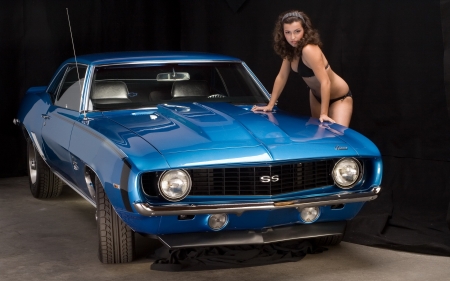 chevy camaro - girl, brunette, chevrolet, camaro