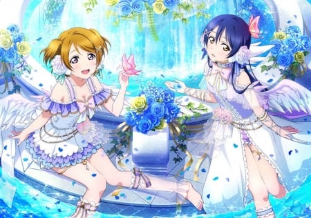 Koizumi Hanayo and Sonoda Umi - flower, rose, anime, sonoda umi, blue, manga, wings, white, tagme, koizumi hanayo, couple, angel