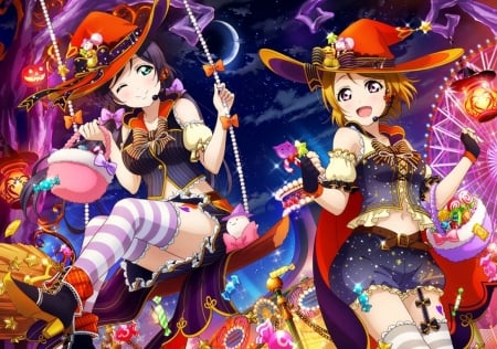 Koizumi Hanayo and Toujou Nozomi - toujou nozomi, koizumi hanayo, hat, couple, girl, halloween, tagme, red, blue, anime, cute, manga