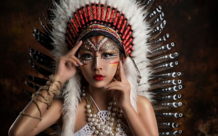 Beauty - indian, girl, feather, jewel, hand, woman, model, face, asian