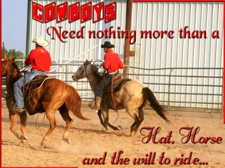 Cowboys Ride. . - horses, fun, cowboys, ranch, barn, hats, outdoors