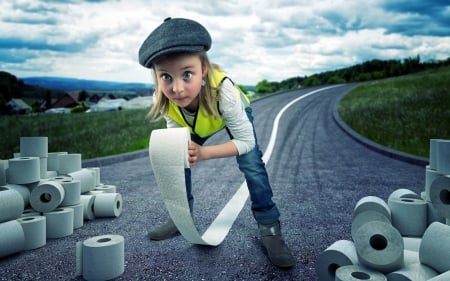 Marking the Street - rolls, funny, girl, landscape, paper, sky