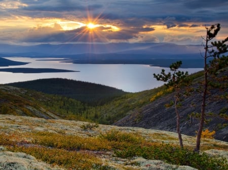 Lake Sunset - clouds, sunset, nature, lake, mountains