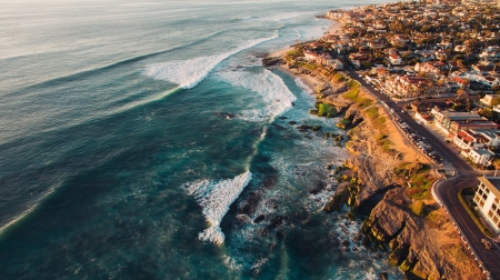 Coastal Town - water, town, coast, road, sea, ocean, Coastal Town, waves, coastal