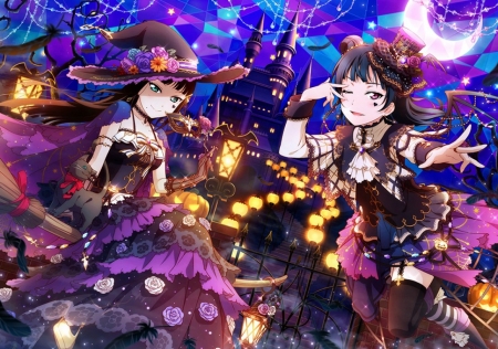 Kurosawa Dia and Tsushima Yoshiko - moon, tsushima yoshiko, couple, girl, kurosawa dia, night, halloween, purple, tagme, blue, anime, luna, manga, lights