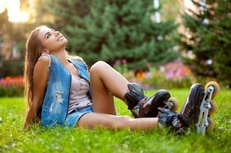 Relaxing - woman, rotile, girl, jeans, green, summer, grass