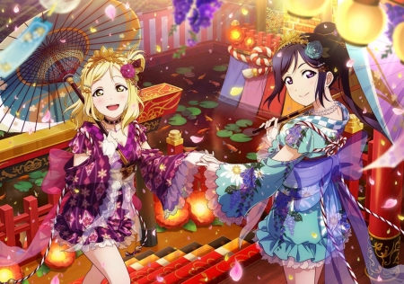 Matsuura Kanan and Ohara Mari - anime, blue, matsuura kanan, girl, ohara mari, tagme, orange, manga, red, couple