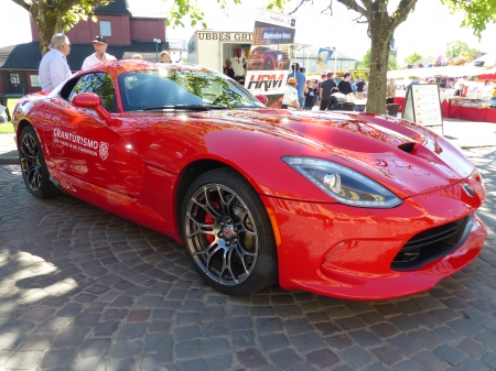 Red Car - red, market, car, people, spring, trees