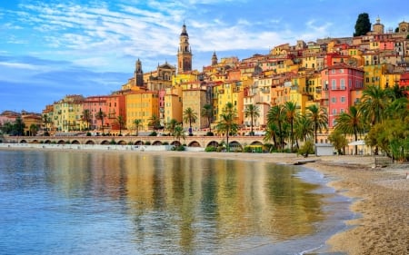 Colorful Old Town Menton on French Riviera - clouds, Mediterranean Sea, Menton, France, palms, water, town, beach, sea, Riviera, sand, medieval, medieval town, colorful, houses, sky