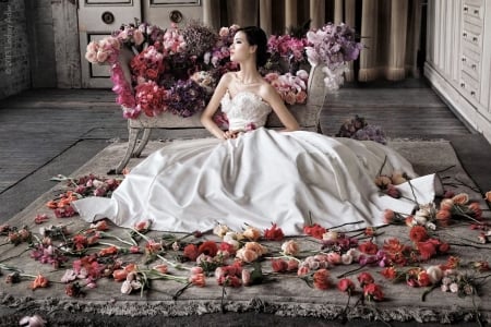 Beautiful chaos - bride, sofa, lindsay adler, dress, girl, beautiful chaos, flower, pink, white, woman, model, rose