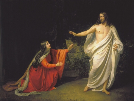 Jesus Christ and Mary Magdalene - christ, jesus, mary of magdala, man, pictura, red, painting, woman, art