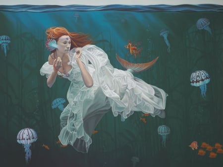 Princess and the dragon by Paul Bond - princess, redhead, jellyfish, fantasy, underwater, white, painting, art, seahorse, siren, luminos, dragon, surrealism, vara, girl, summer, paul bond, blue, mermaid, pictura