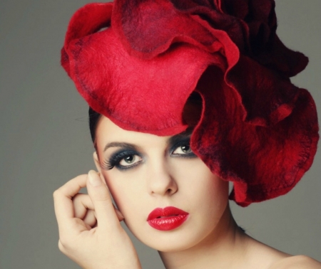 Beauty - hat, girl, lips, hand, red, woman, model, rose, face