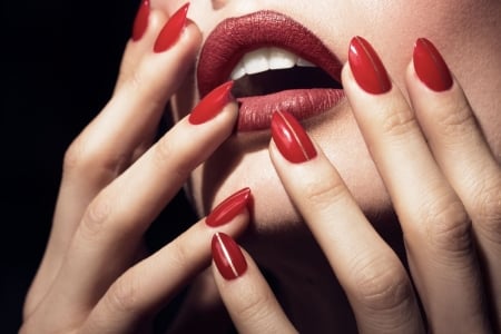 Red - red, lips, nails, hand, woman