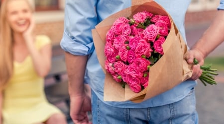 Surprise - woman, trandafir, valentine, bouquet, rose, surprise, hand, pink, man, blue