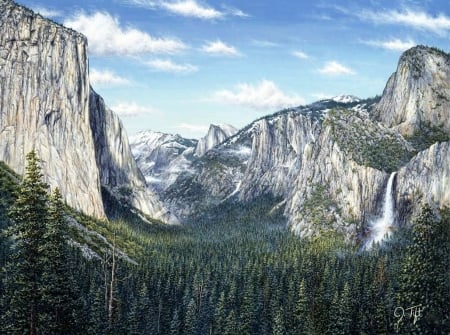 Yosemite Valley - clouds, trees, waterfall, painting, mountains, sky