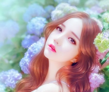 Beauty - face, flower, portrait, pink, redhead, blue, fantasy, asian, luminos, hydrangea