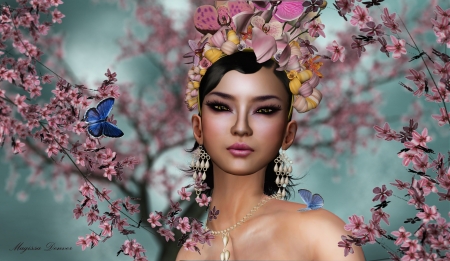 Beauty - blue, spring, flower, pink, frumusete, fantasy, wreath, cao blossom, woman, magissadenver, rendering, butterfly, face, asian, luminos