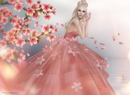 Beauty - rendering, pink, spring, blossom, blonde, magissadenver, girl, frumusete, dress, fantasy, tulle, luminos, woman