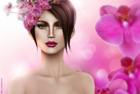 Beauty - woman, rendering, girl, orchid, ada, fantasy, face, magissadenver, pink, luminos, flower