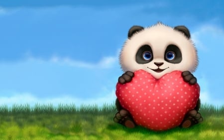 Panda loves you - strawberry, heart, valentine, child, black, white, blue, panda, green, card, sweet, cute