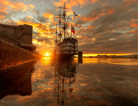 Ready for Loading - masts, boat, ship, clouds, water, galleon, sunrise
