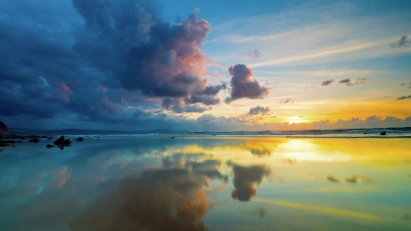 On the way to the landscape - horizon, mirror, beautiful, beach, reflexc, amazing, panorama, gold, nature, sunset, rock, pink, cool, water, reflections, landscape, paysage, awesome, yellow, stones, blue, sky, sand, sunrays, olors, nice, clouds, orange, colors, sunrise, sunshine