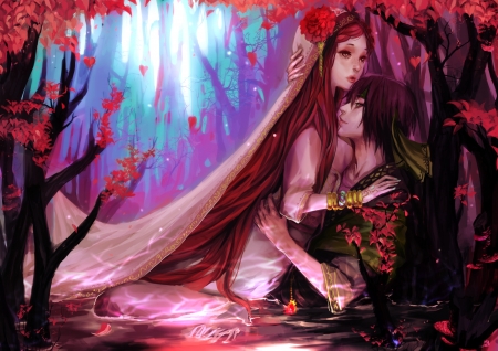 The lovers - red, pink, genki-de, anime, girl, lovers, blue, manga, fantasy, luminos, couple, guy, man