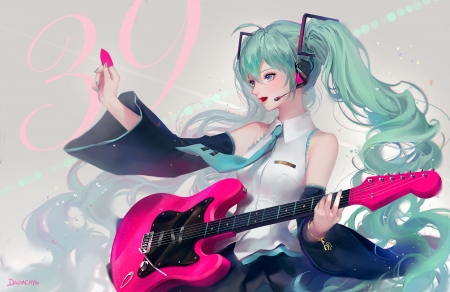 Hatsune Miku - anime, vocaloid, blue, dadachyo, girl, hatsune miku, pink, guitar, manga