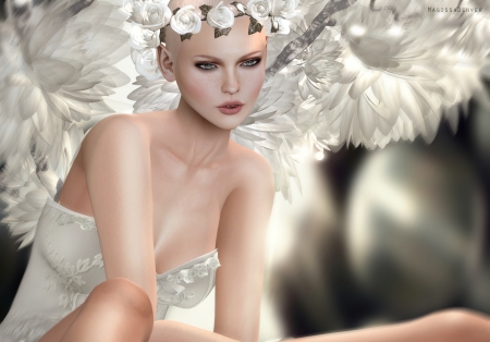 Beauty - magissadenver, rendering, girl, angel white, luminos, wreath, fantasy, flower