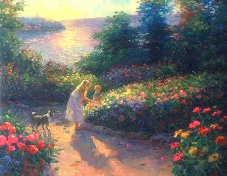 Flower's Galore - summer, attractions in dreams, paintings, lakeside, flowers, nature, garden, paradise, lakes, love four seasons