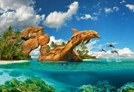 Dolphin's Paradise - sky, artwork, clouds, sea, rocks