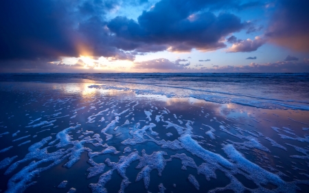 Blue Foamy Beach - nature, ocean, beach, clouds, sunset, sea, foam