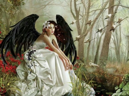 The Swan Song - trees, swans, woman, wings, artwork, angel