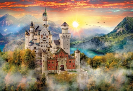 Neuschwanstein Castle - germany, sunset, alps, colors, mountains, sky, building