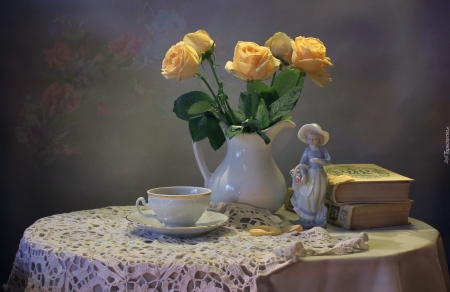 Roses Still Life - roses, books, yellow, still life