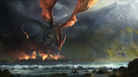 Dragon - fantasy, water, dragon, fire, sea, art, luminos