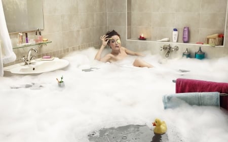 :D - woman, girl, toy, water, summer, funny, fantasy, creative, foam, bath, situation, cute