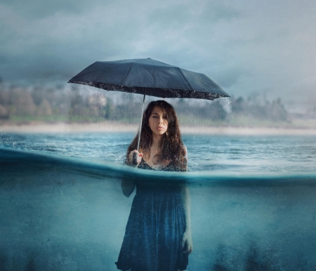 Too much rain - water, summer, blue, girl, sea, creative, fantasy, umbrella, woman, rain