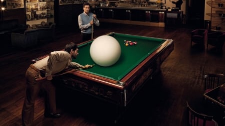 :D - biliard, ball, table, creative, man, big, white, ginat, funny, green, situation