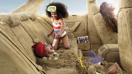 When you relax... - woman, vara, couple, summer, funny, creative, fantasy, children, play, car, little girl, sand, relax