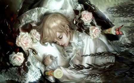 Sleeping boy - flower, rose, black, sleep, art, white, fantasy, luminos, boy