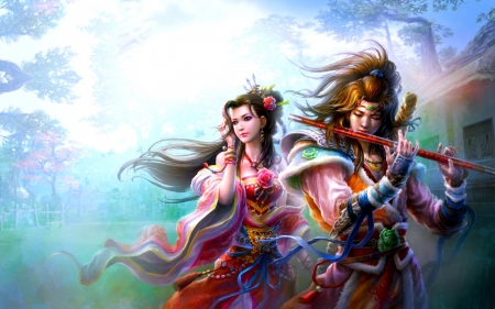 Fantasy couple - game, blue, girl, pink, man, frumusete, instrument, flute, couple, asian, luminos