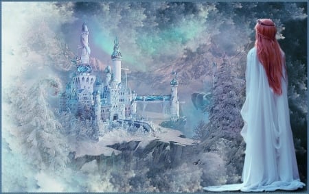 DREAMS - female, frost, blue, castle, dress