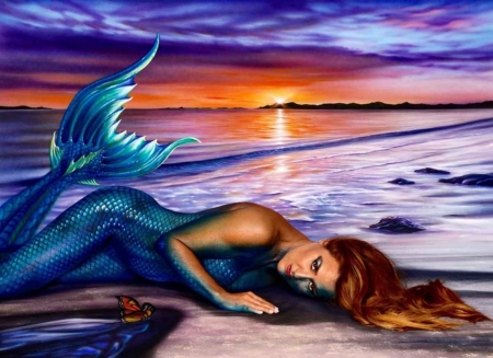 SIREN SUNSET - SUNSET, BEACH, SIREN, MERMAID, BLUE